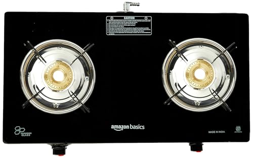 Image of Amazon Basics 2 Burner LPG Gas Stove with Toughened Glass-top | ISI APPROVED | Tri-pin Brass Burners with spill-proof and easy-clean design | Anti-skid legs (Black)
