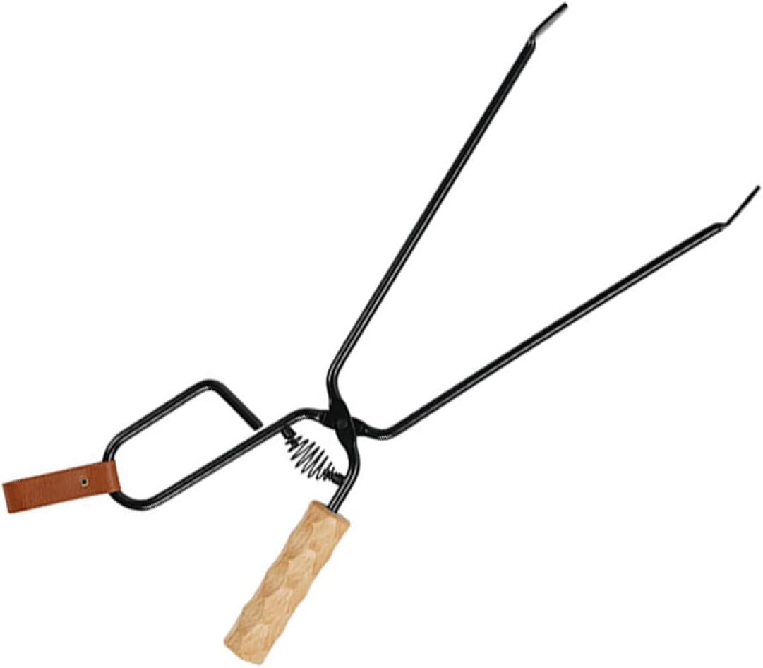 Long Handle Bbq Firewood Tong Iron Charcoal Clamp with Wooden Handle Heat Resistant Barbecue Carbon Clip for Camping and Outdoor Grilling