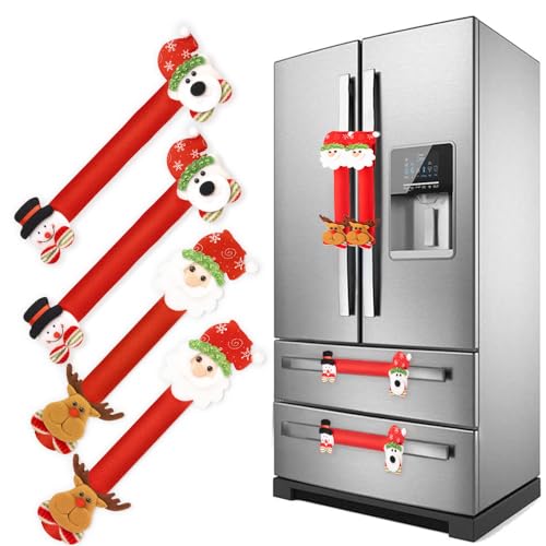 HomeChi Cubiertas de manija de puerta de refrigerador de Navidad, 4 piezas Santa muñeco de nieve reno manijas para electrodomésticos de cocina decoración nevera microondas horno...