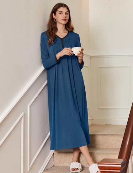 Ekouaer Women's Long Sleeve Nightgown Full Length Sleepwear Long Sleepshirts Henley Sleep Dress S-4XL - Image 3