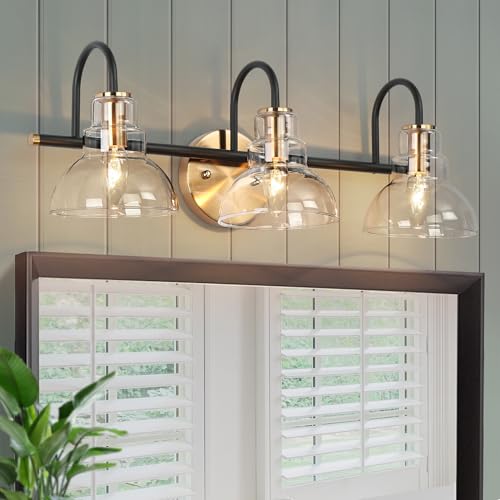 Image of KSANA Black and Brass Vanity Light, Modern Clear Glass Bathroom Light Fixture, Black Gold 3-Light Wall Lighting Over Mirror