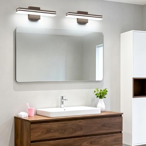 Image of SineRise 16-Inch LED Modern Bathroom Vanity Light Bar, Brown Modern Acrylic Bathroom Wall Lighting Fixtures Over Mirror (Cool White 6000K)