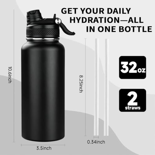 Image of 32 oz Insulated Water Bottle with Leak-proof 2-in-1 Straw and Spout Lid,Stainless Steel Sports Water Bottle with Handle,Double Wall Vacuum Metal Water Flask for Travel Camping School (Black,1)