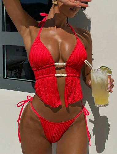 Image of ZAFUL Halter Swimsuits for Women Textured Backless 2 Piece Bathing Suits Cheeky High Cut String Tie Side Bikini Sets