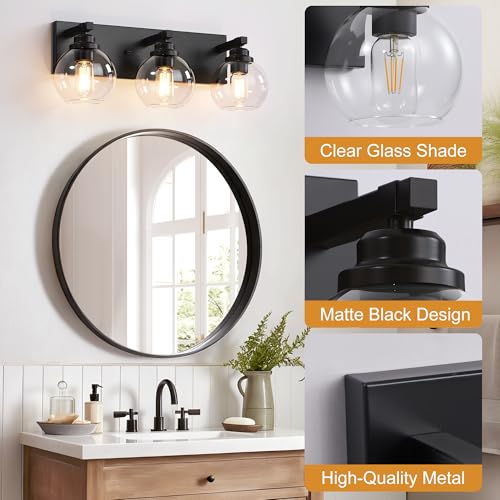 Image of LmnLvn Farmhouse 3-Light Vanity Light, Matte Black Metal with Glass Shade