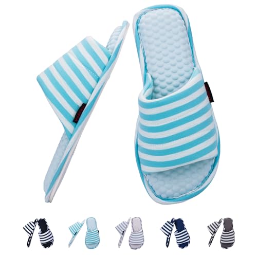 Image of Women's House Slippers Open Toe, Soft Knit Striped Bedroom Slippers with Cushioned Footbed, Non-Slip Sole for Indoor Home Use