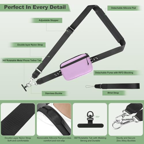 Image of YFWE Clip and Go Strap for Phone with Wallet Crossbody, Adjustable Phone Lanyard with Detachable RFID Wristlet Wallet & Ultra-Thin 360 Rotatable Metal Tabs for All Smartphones (Purple)