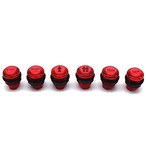 Arcity 6 Pcs/Lot 28mm Arcade LED Push Buttons Illuminated Player 1P 2P Coin Start Select Lit Red with Microswitch for Arcade Machine Games Console Parts 5V