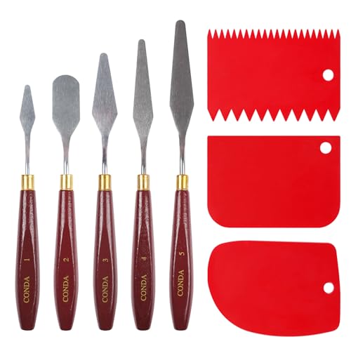 Image of CONDA 5 Pcs Palette Knife Painting with 3 Plastic Scrapers, Stainless Steel Spatula Palette Knife Oil Paint Metal Knives Wood Handle