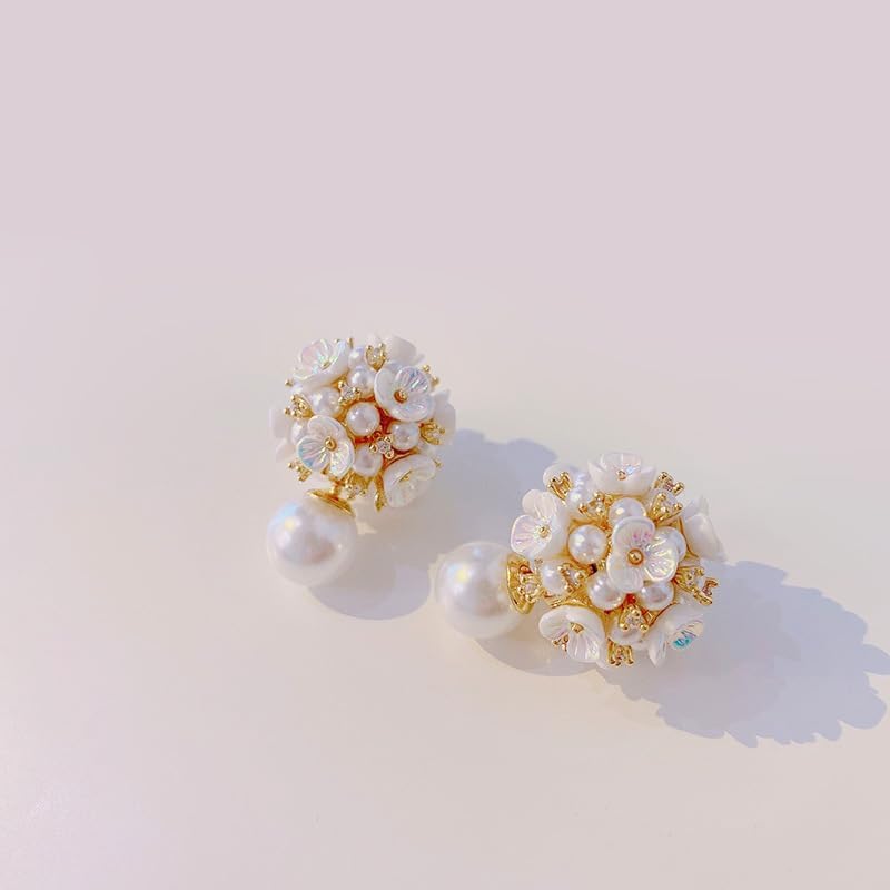 White Pearl Flower Cluster Ball Earrings for Women, Hypoallergenic Waterproof Big Pearls Stud Earrings Fashion Noble Prom Jewelry Gifts - Image 4