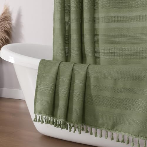OVZME Sage Green Shower Curtain for Bathroom Boho Linen Textured Shower Curtain with Tassel Rustic Striped Heavy Duty Vintage Country Bathroom Curtain 72Wx72L Inches