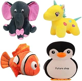 Future Shop Pack of 4 Elegant Soft Toys Combo Set Grey Appu Elephant, Penguin, Fish & Yellow Unicorn Toy Animals for Kids/ Price In India