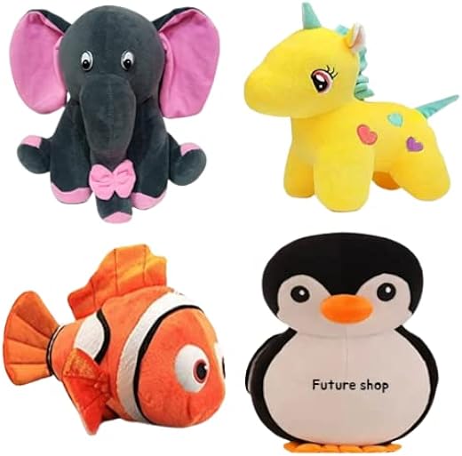 Future Shop Pack of 4 Elegant Soft Toys Combo Set Grey Appu Elephant, Penguin, Fish & Yellow Unicorn Toy Animals for Kids/...