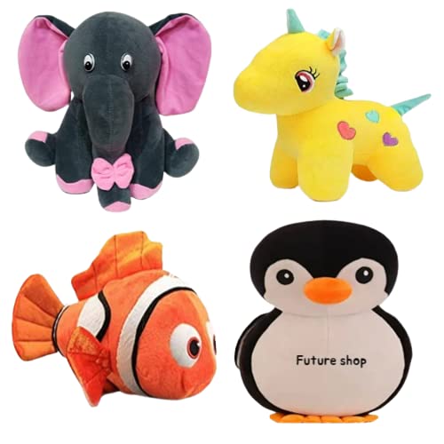 Future Shop Pack of 4 Elegant Soft Toys Combo Set Grey Appu Elephant, Penguin, Fish & Yellow Unicorn Toy Animals for Kids/... - Review, Price and Buying Guide