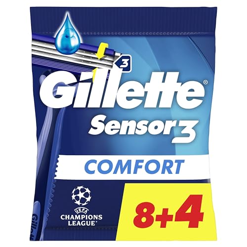 Gillette Sensor3 Comfort, Rasoirs Jetables Pour Homme, Avec Bande Lubrifiante, Lot De 8+4