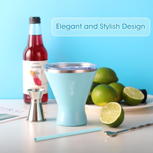 Yagady Stainless Steel Martini Tumbler with Lid & Cuttable Silicone Straw - 10oz Vacuum Sealed Insulated Martini Glass - Elegant Design Margarita Glass for Perfectly Chilled Drinks (Blue)