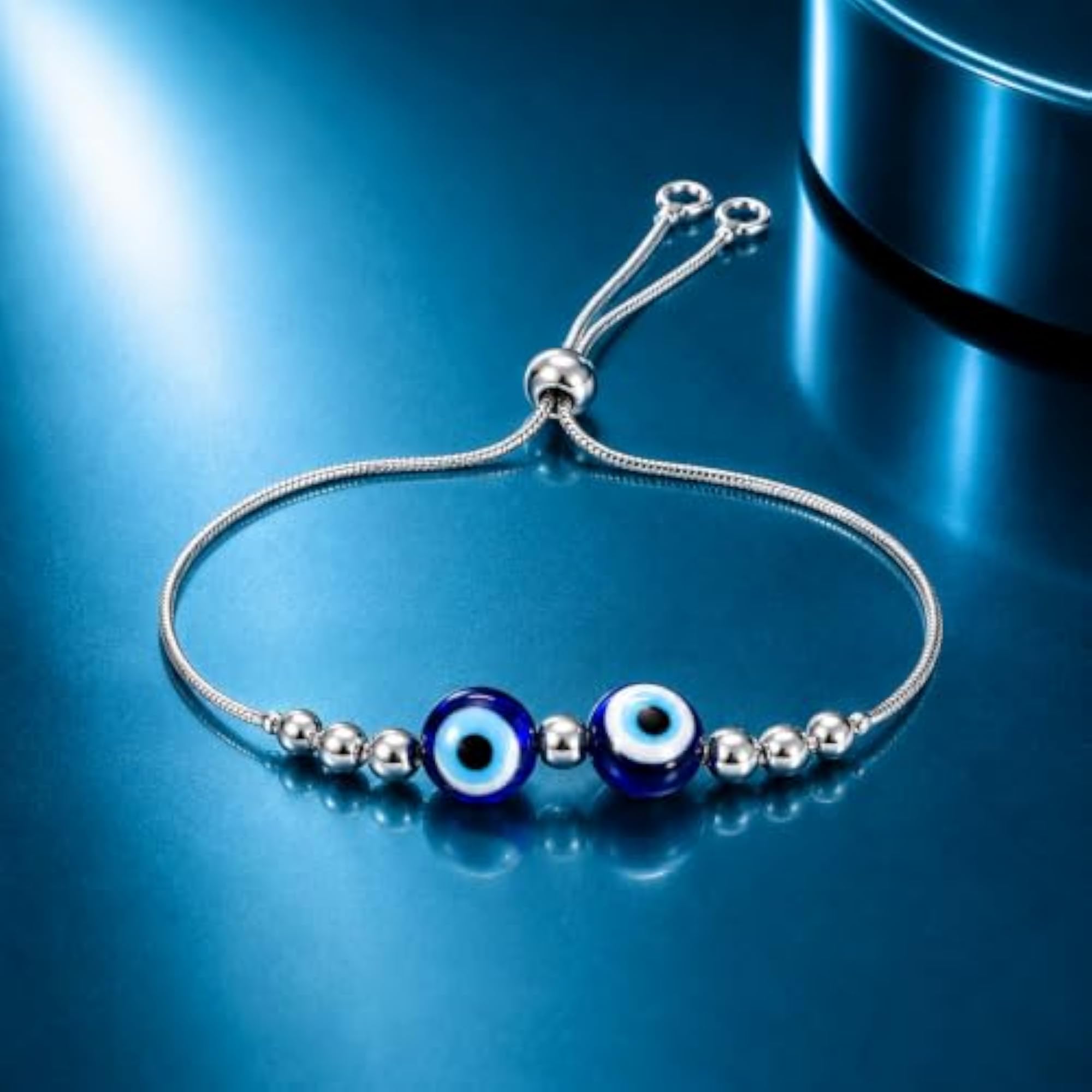 Silver Double Evil Eye Adjustable Bracelet, Gift for Women