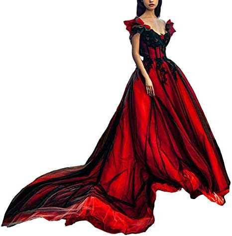Off The Shoulder Long Gothic Black V Neck Tulle Evening Gown Prom Dress Red 8