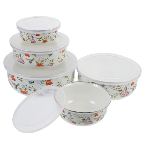 JOINPAYA Juego de 5 Cuencos Esmaltados Vintage con Tapa Transparente, Tazones para Mezclar y Conservar Alimentos, Cuencos Decorativos para Sopa, Ensalada y Arroz, Aptos para Cocina