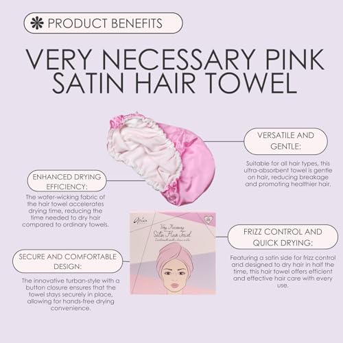 Aria Beauty Very Necessary - Asciugamano Per Capelli In Raso, Morbida Microfibra, Stile Turbante, Con Chiusura A Bottone, Delicato Su Tutti I Tipi Di Capelli, Rosa, 1 Pezzo - 2