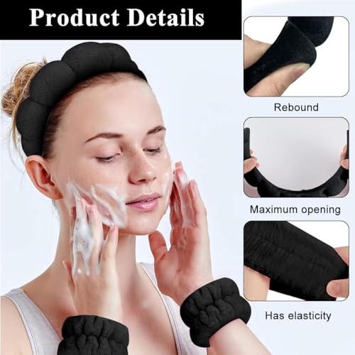 Image of MAYCREATE Spa Headband and Wristband for Women Girls Face Washing, Sunflower Sponge Makeup Hairband Skincare Flannel Wrist Washband Set, Soft Elastic Facial Accessories Combo - Black