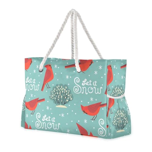 OTVEE Winter Red Birds Let It Snow Large Beach Tote Bag Top Zipper Beach Bags for Pool Gym Grocery Travel
