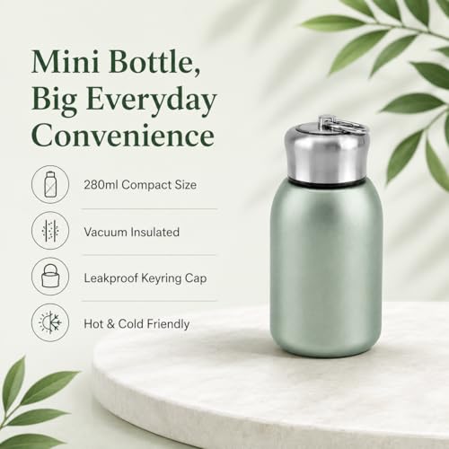 Image of Mini Stainless Steel Vacuum Insulated Water Bottle, 280ml, Black, Leakproof, Hot and Cold, with Keyring Cap (Green)