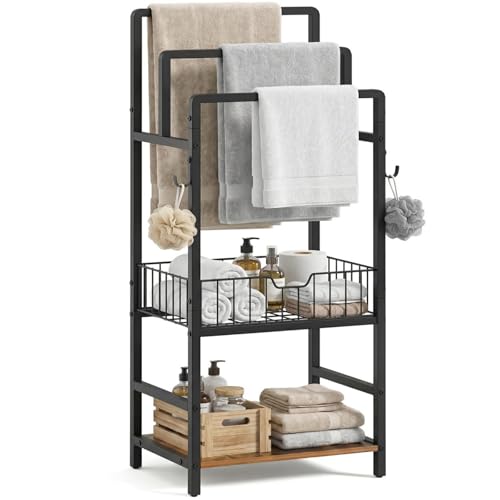 HOOBRO Free Standing Towel Rail, 40 L x 29 W x 100 H cm, 3-Tier Towel Rack with Multi-Purpose Storage Basket, Shelf and Hooks, for Bathroom and Laundry, Black and Rustic Brown EBF13LB01