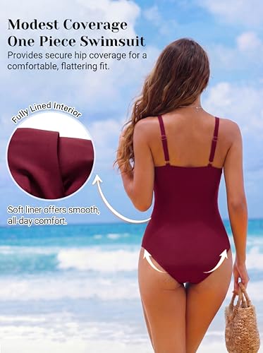 Image of Smismivo Women's Tummy Control Swimsuit One Piece Slimming Ruched Push Up Bathing Suit Vintage Padded Retro V Neck Swimwear