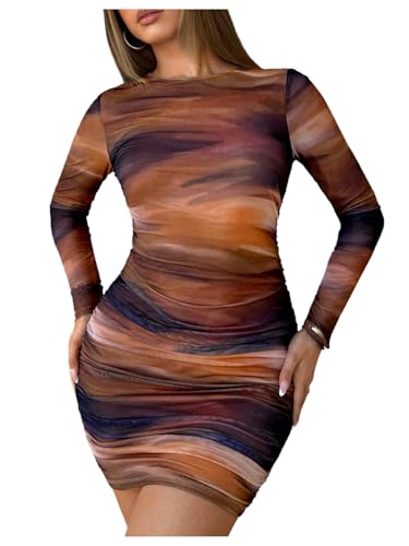 Image of Milumia Women's Tie Dye Ruched Round Neck Long Sleeve Dress Bodycon Mini Dresses