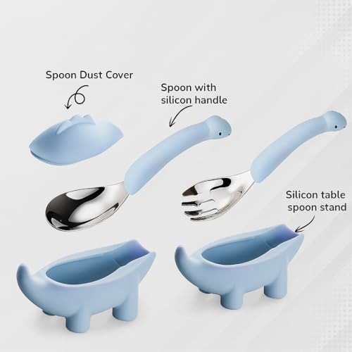 Image of Baby Spoon and Fork Set, Blue Silicone Toddler Cutlery Set with Dinosaur Case, 2 Pc, Self Feeding Utensils for Baby Meals School and Travel, Mealtime Essential. Easy to Carry for Home