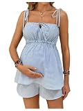 MakeMeChic Women's Maternity 2 Piece Cute Summer Striped Outfits Shirred Babydoll Shirt and Shorts Pregnancy...