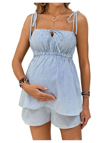 MakeMeChic Women's Maternity 2 Piece Cute Summer Striped Outfits Shirred