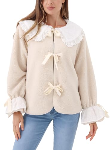 KEOMUD Women's Fall Winter Warm Fuzzy Sherpa Coat Casual Long Sleeve Fleece Jacket with Pockets Lace Peter Pan Collar