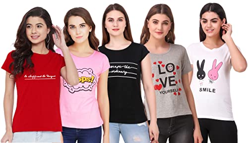 Image of NIVIK Printed, Cotton Tops & T-Shirts. Combo of 5 Tops for Women & Girls (X-Small, Grey-Red-Pink-Black-White)