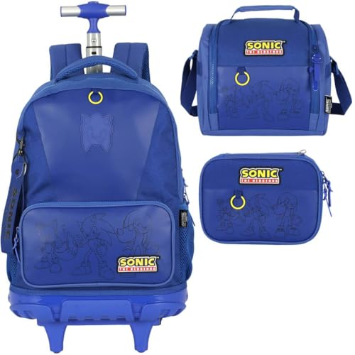 Mochila Infantil Rodinhas Sonic com Lancheira e Estojo 100 Pens Azul