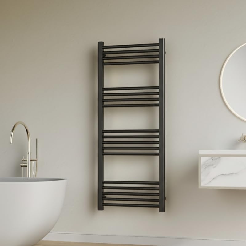 THE RADIATOR HUB Heated Towel Rail 1200 x 500mm, Mild Steel Bathroom Towel Radiator, Wall Mounted Central Heating Towel Warmer, Matt Black