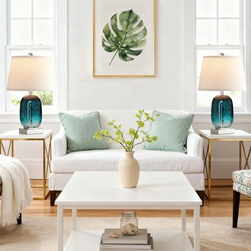 Table Lamp Set of 2 Touch Control, Coastal Teal Blue Glass Bedside Lamp with USB A+C Ports, 3-Way Dimmable Beach Nightstand Lamps with White Fabric Shade for Living Room Bedroom (LED Bulbs Included)