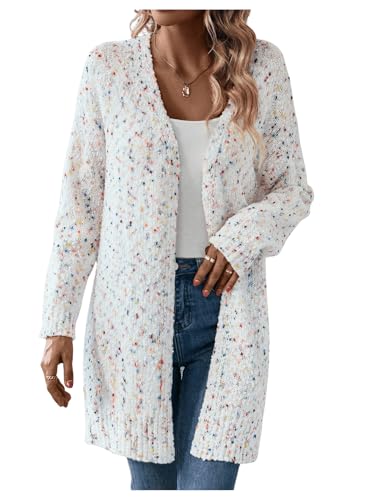 Verdusa Women's Colorful Open Front Cardigan Long Sleeve V Neck Chunky Knitted Sweaters White Large
