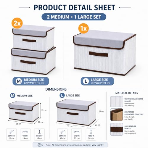 Image of DecorTwist Foldable Storage Box with Lid | Set of 3 (1 Large + 2 Small) | Non-Woven Fabric Wardrobe Organiser for Clothes, Toys, Blankets & Books | Collapsible Closet Shelf Organizer | Grey