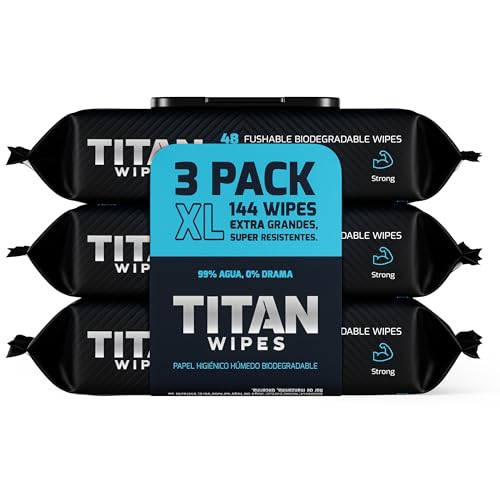 TITAN WIPES Carta igienica umida biodegradabile extra grande e resistente – 3 confezioni da 144 salviettine umidificate XL 18 x 18 cm, 99% acqua, aloe e vitamina E, 0% alcool, resistenti e usa e getta