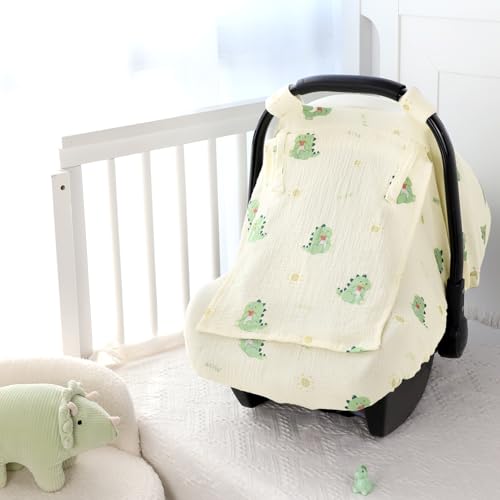 Image of Muslin Baby Car Seat Cover for Boys Girls, Infant Carseat Canopy with Breathable Mesh Peep Window, Summer Lightweight Sunshade Carrier Cover for Newborn, Green Dinosaur