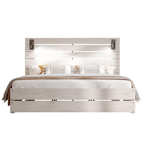Jocisland King Size Bed Frame with 51" Headboard, RGB LED Lights, No Box Spring Needed, White