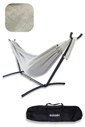 ハンモック 高級 ダブルサイズ スタンド付き 自立式 室内 ダブルハンモック 本場コロンビア製 (24年モデル:ファロリトブラウン, ブラックスタンド)