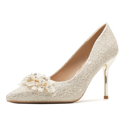 Women's Pointed Closed Toe High Heel Pumps Dressy Pearl Flowers Lace Mesh Bridal Wedding Stilettos Heels Comfort Slip On Party Prom Dress Pumps