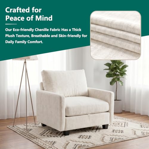 Image of Singel Seat Modern Couches for Living Room, 38 inch Single Sofa with Storage | High Resilience Foam, 22 inch Seat Depth, Movable Ottoman, Comfy Chenille, Easy Assembly, Beige