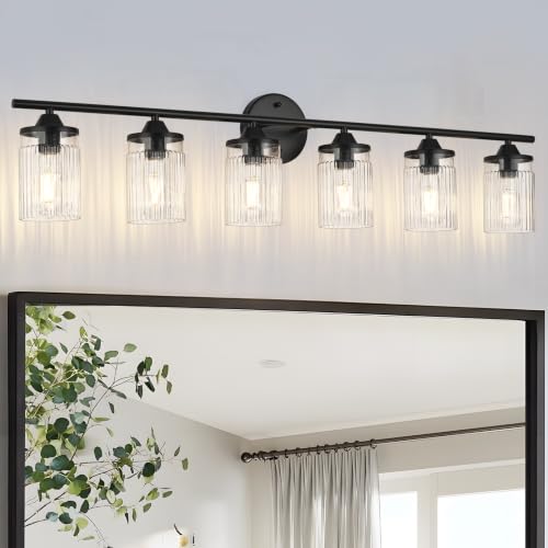 Image of Jonsi Bkack Bathroom Light Fixtures 6-Light Vanity Lights Modern Wall Sconce with Clear Glass Shade Bathroom Light Fixture Over Mirror for Bedroom Hallway Kitchen