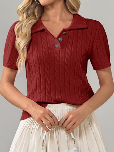 Image of Imily Bela Womens Polo V Neck Pullovers Lightweight Short Sleeve Cable Knit Sweater Business Casual Summer Tops 2025