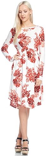 Modest Shop LA MSLA1459 Long Sleeve Floral Midi Dress with Pockets (Large, Ivory/Red)