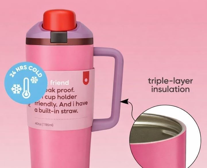 Image of HomeCloud Double-Wall Insulated Stainless Steel Water Bottle with Straw - Leak-Proof Two-Way Spout, BPA-Free, Bucket Handle, Reusable Travel Bottle, Daybreak (H Pink)